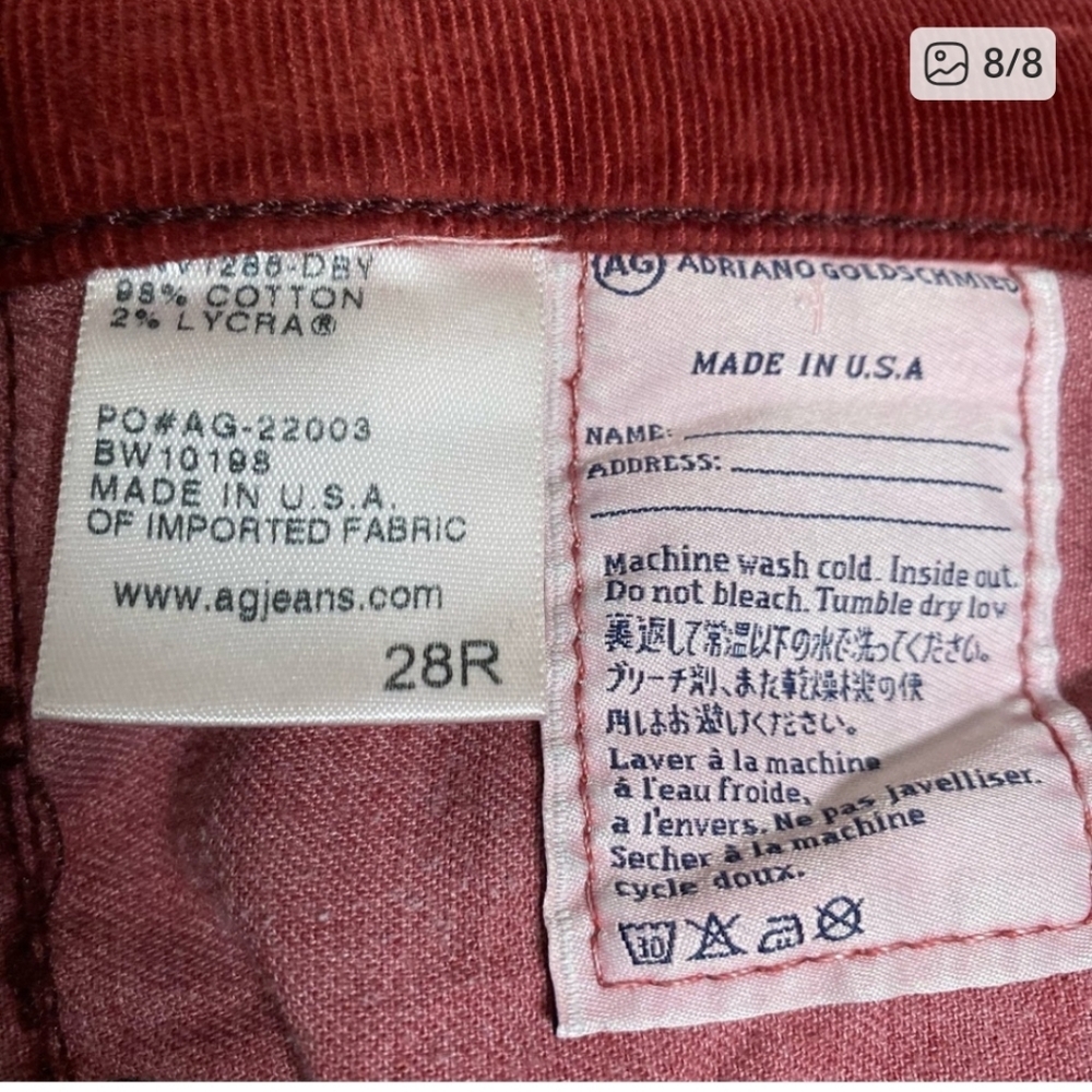 AG Adriano Goldschmied Slim Straight (The Stevie) Cords In Rustic Red. - Picture 9 of 9